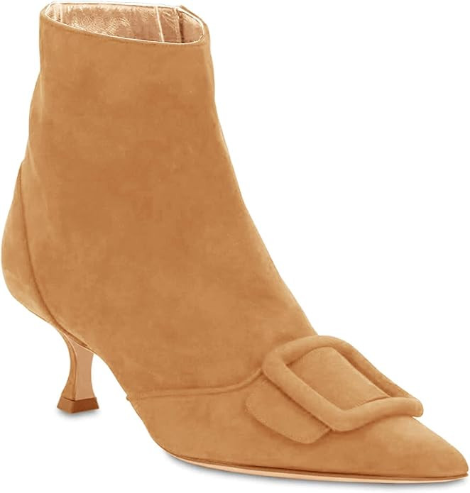 Coutgo Women's Kitten Heel Ankle Boots Pointed Toe Side Zipper Square Buckle Winter Booties | Amazon (US)