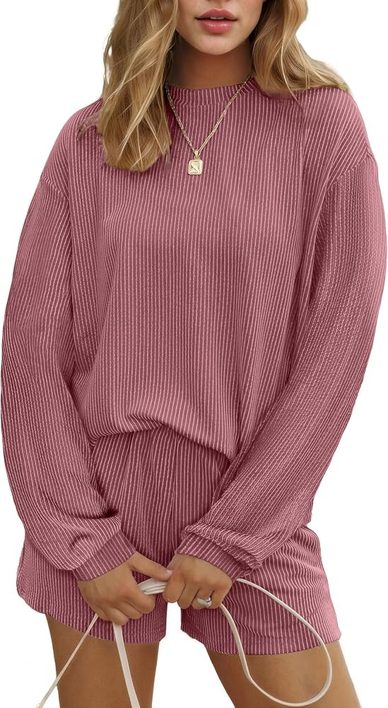 Ekouaer 2 Pieces Lounge Set for Women Long Sleeve Pajamas Top and Shorts Matching Sets Outfits wi... | Amazon (US)