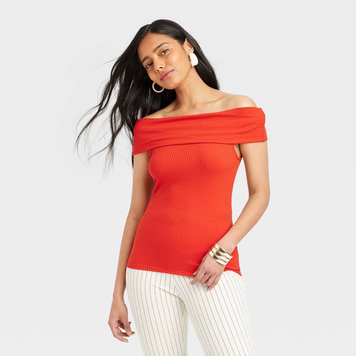 Women's Slim Fit Short Sleeve Off the Shoulder Top - A New Day™ Red XS | Target