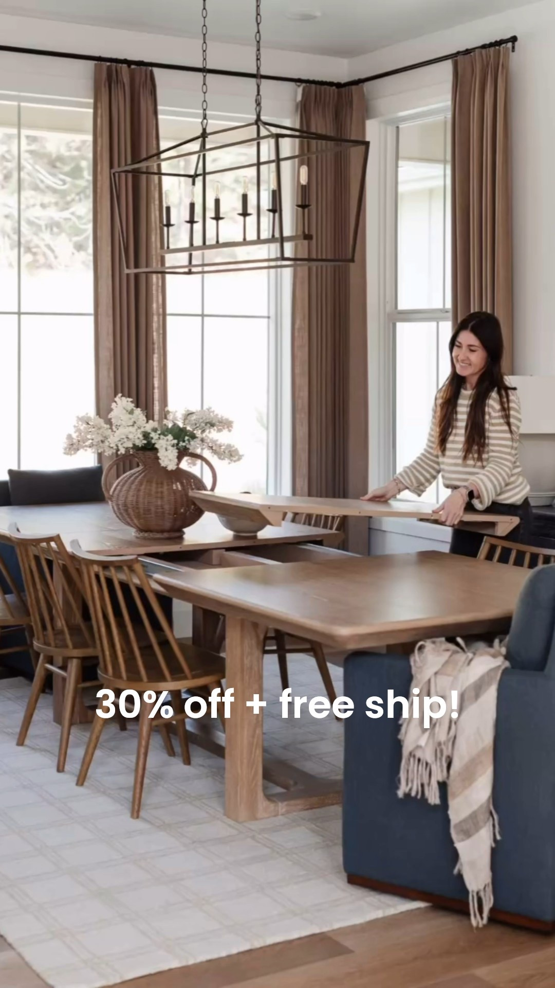 My dining table is hardly ever in stock. Let alone on sale! Currently 30% off plus free shipping plus it arrives before Valentine’s Day!!!! 

Extension table, dining table, dining chair, rug, base, McGee and Co, studio, McGee, Layla Grayce 