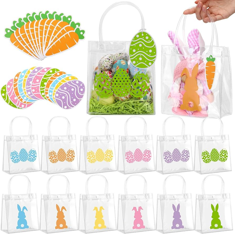 Sweetude 12 Pcs Small Easter Bunny Egg Clear Gift Bags with Handles Clear PVC Treat Candy Goodie ... | Amazon (US)