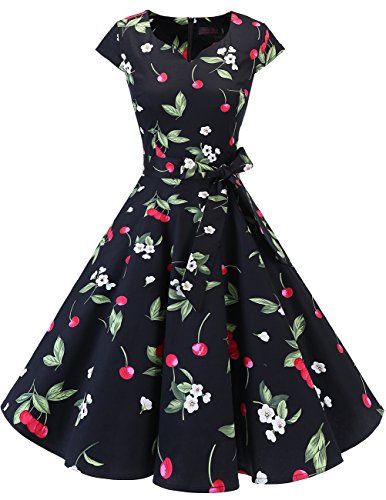 DRESSTELLS Retro 1950s Cocktail Dresses Vintage Swing Dress with Cap-Sleeves Black Small Cherry L | Amazon (US)