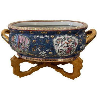 Cobalt & Famille Rose Style Grand Chinoiserie Footbath with Carved Wood Stand | eBay US