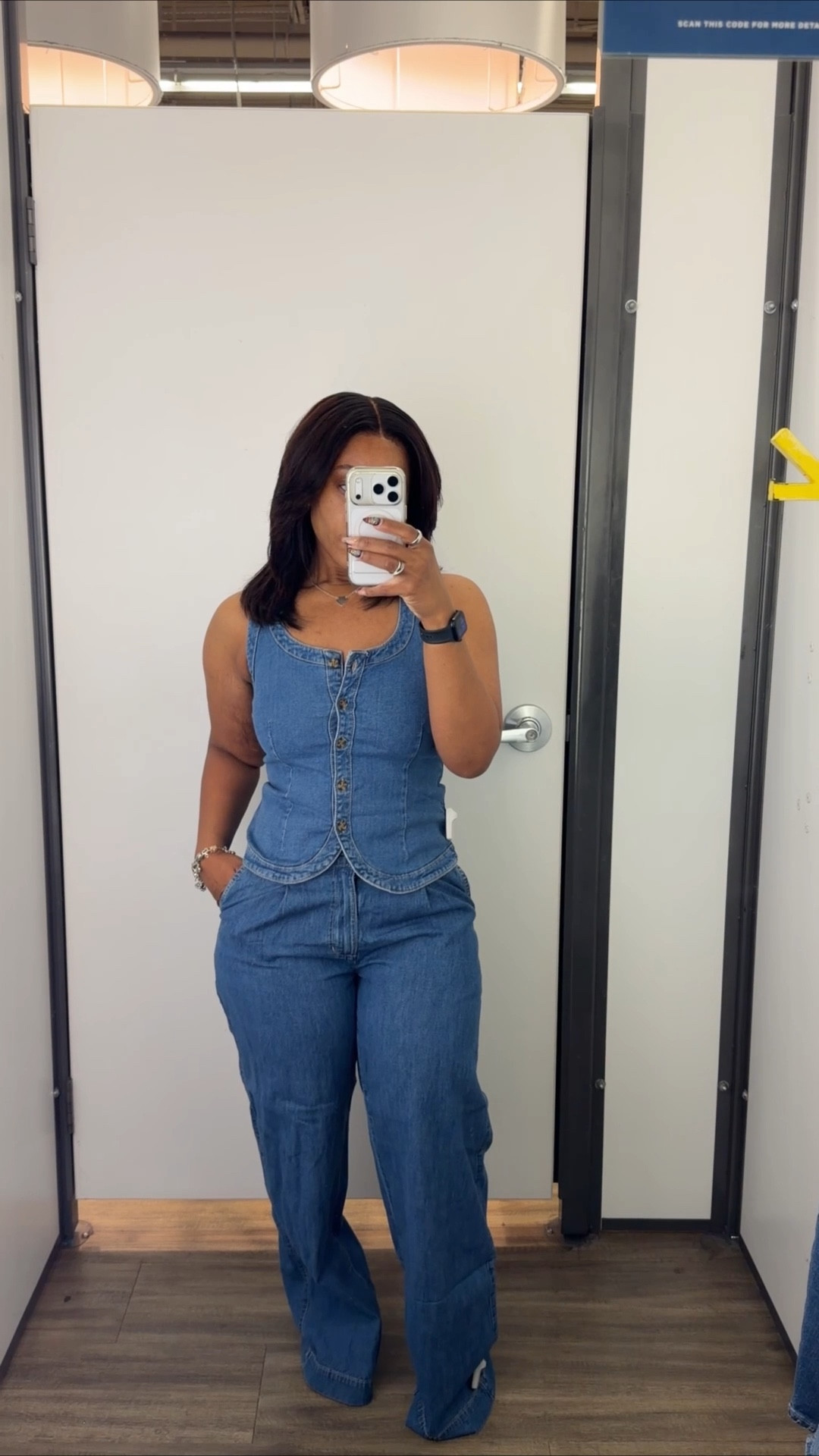 I am wearing a size Xs in the denim vest. I could’ve sized up to a small(the store didn’t have it), just to make sure the top button laid better. I’m also wearing a size 6 in the denim trousers. I love the fit on these and also the length. 

The cropped jacket is a size Xs and fits great, I am also wearing a size 8 in the loose rigid jeans. I sized up because they felt like they had no stretch. They were big in the waist area in the back.

#denim 

#LTKootd #LTKvlog #LTKPetite