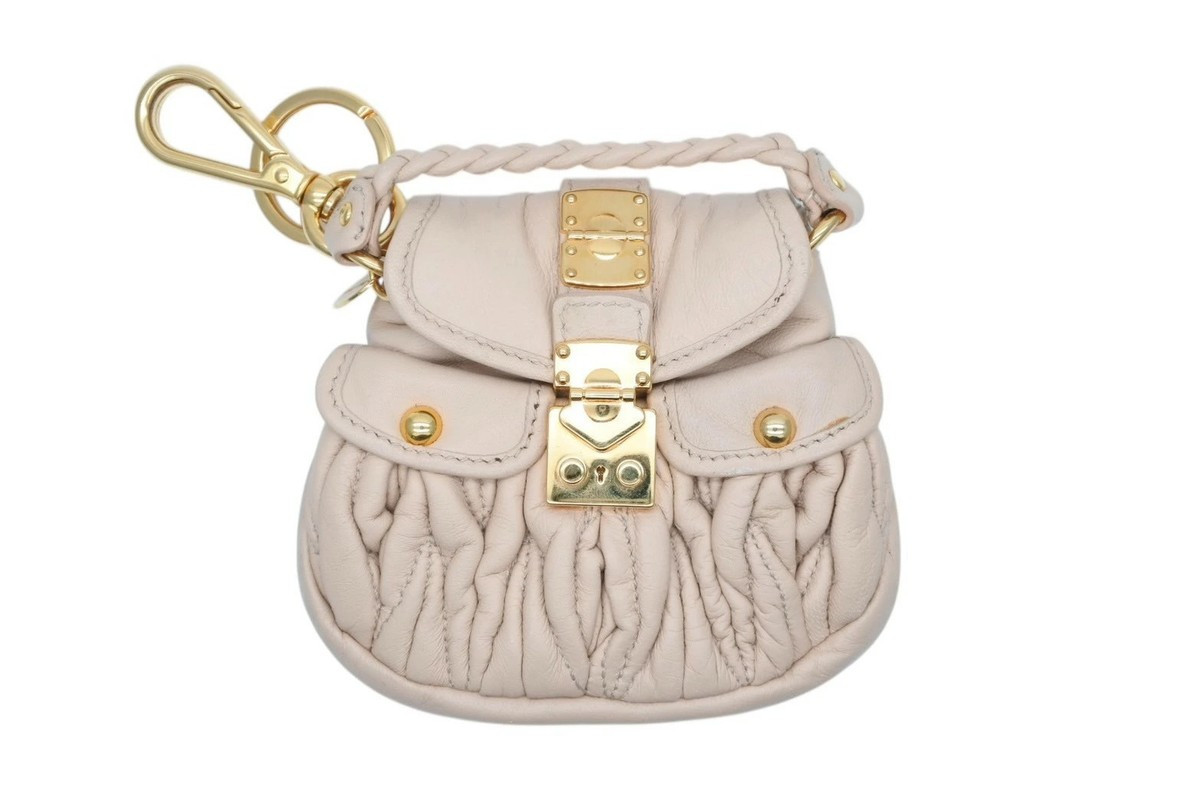 MIUMIU Matelass Bag Charm Key Holder Leather Beige Gold Hardware Used 4b0116 | eBay | eBay US