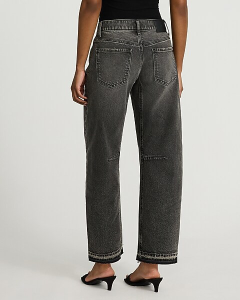 Mid Rise Washed Black Raw Hem Barrel Jeans | Express