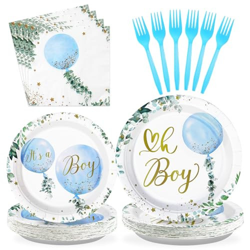 96 PCS Boy Watercolor Blue Balloon Party Supplies Boy Party Plates 350GSM Disposable Greenery Boy Baby Shower Tableware for Birthday Baby Shower Boy Baby Shower Decorations, Serves 24 | Amazon (US)