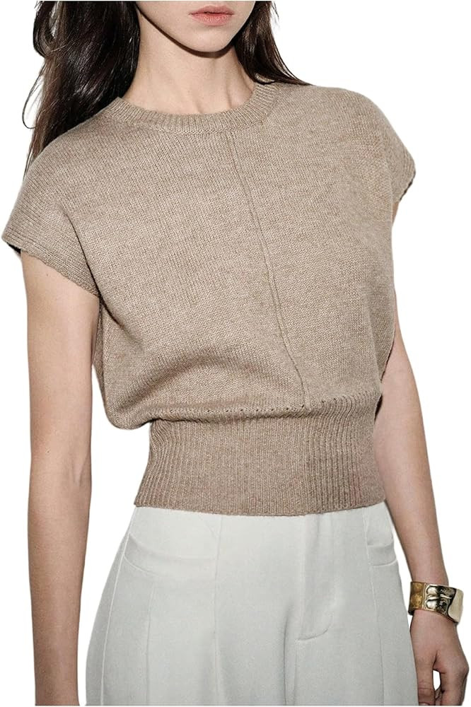 MakeMeChic Women's Short Cap Sleeve Crop Sweater Dressy Tops Cinched Waist Crew Neck Summer Light... | Amazon (CA)