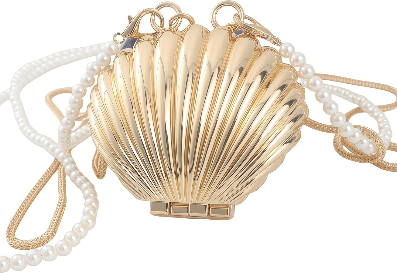 Fancy Mini Gold Seashell Crossbody Bag for Women - Metal Shell Evening Clutch with Detachable Pea... | Amazon (US)