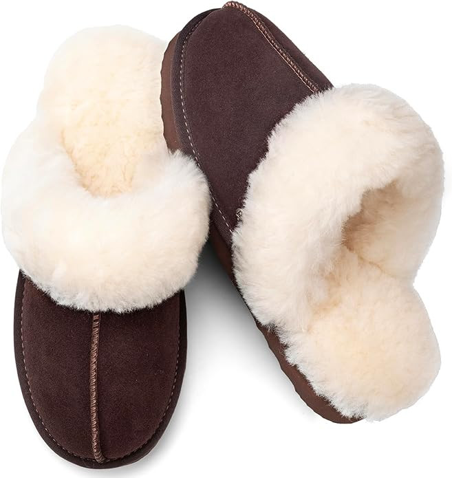 Parfeying Women's Shearling Slippers Genuine Leather with Rubber Sole, Sheepskin Fuzzy Indoor Out... | Amazon (US)