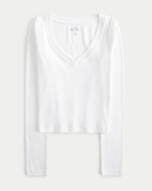 Ribbed Long-Sleeve V-Neck T-Shirt | Hollister (US)