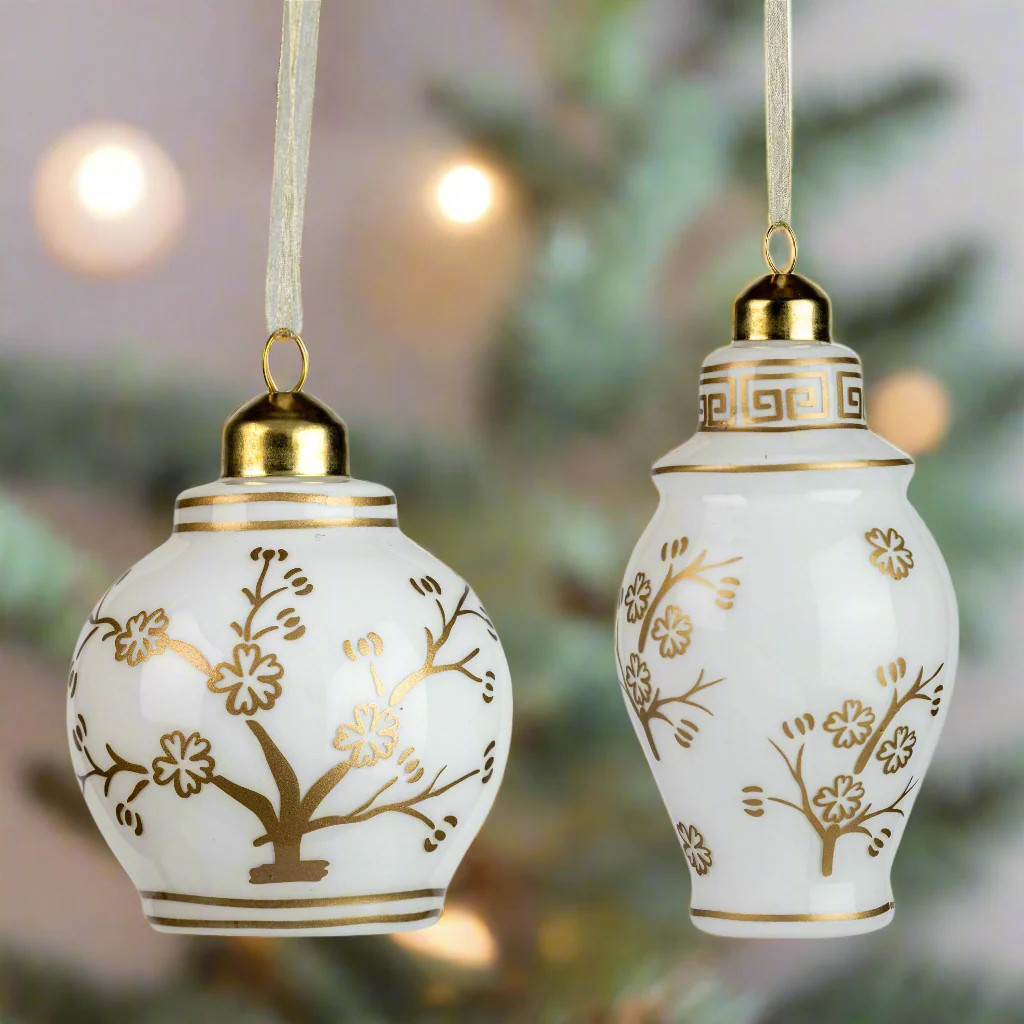White and Gold Glass Ginger Jar Ornaments, Set of 2 | SmithHönig