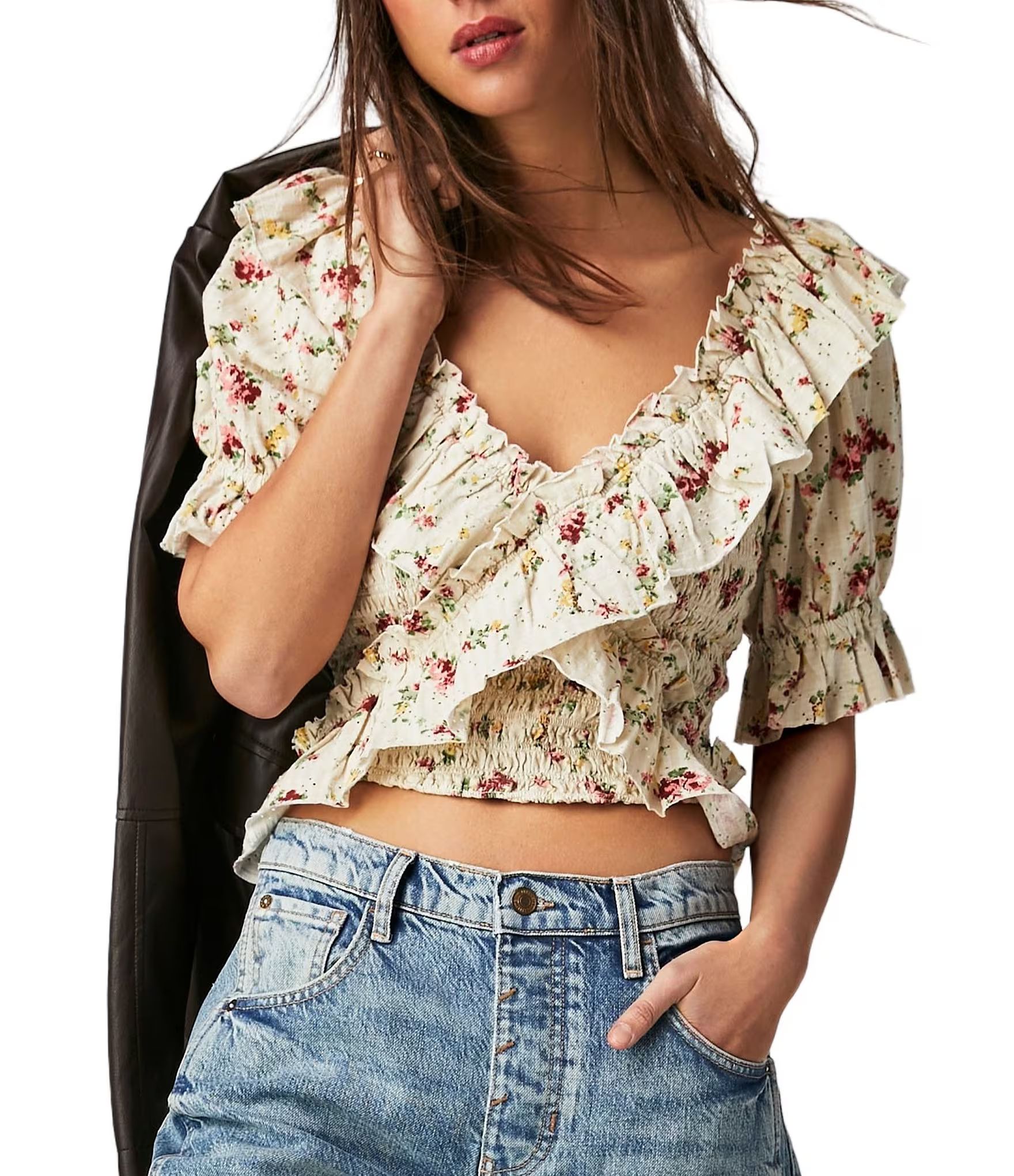 Favorite Girl Floral Print Smocked Ruffle V-Neck Short Sleeve Cropped Blouse | Dillard's