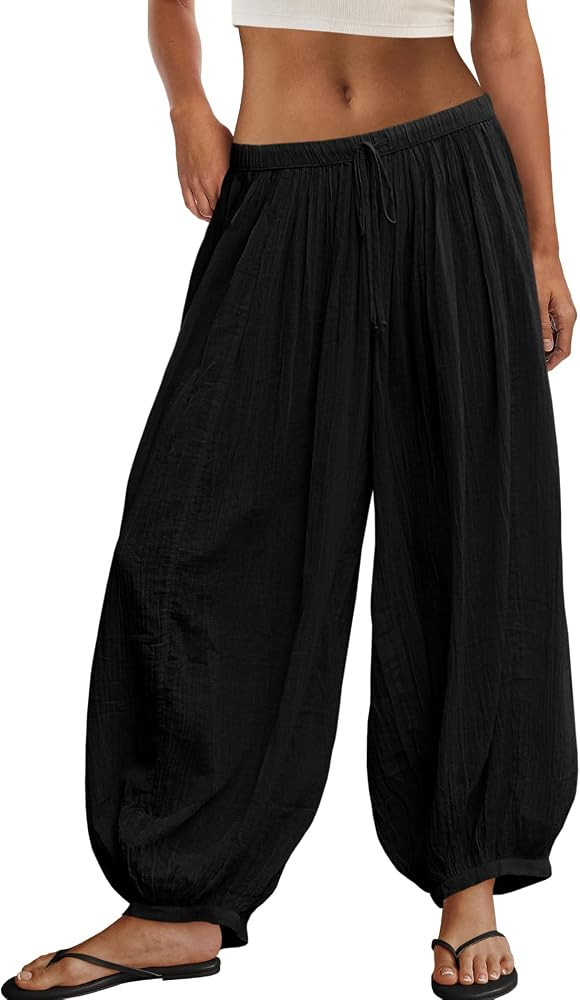 ReachMe Womens Balloon Harem Pants Sheer Summer Elastic Waist Baggy Pants Beach Vacation Outfits | Amazon (US)