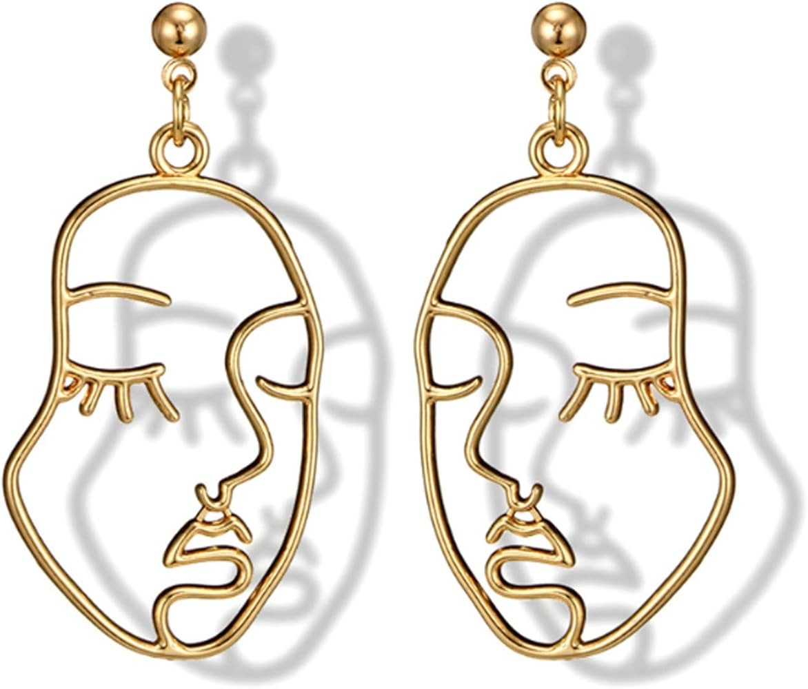 Pierced Gold Abstract Geometric Face Earrings Gold Tone Hollow Earrings for Women Fashion Vintage Ac | Amazon (US)