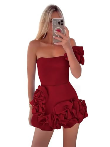 petyoo Satin Short Homecoming Dresses for Teens 2026 Burgundy Tight Corset 3D Floral Backless Mini Party Gown Size 0 | Amazon (US)
