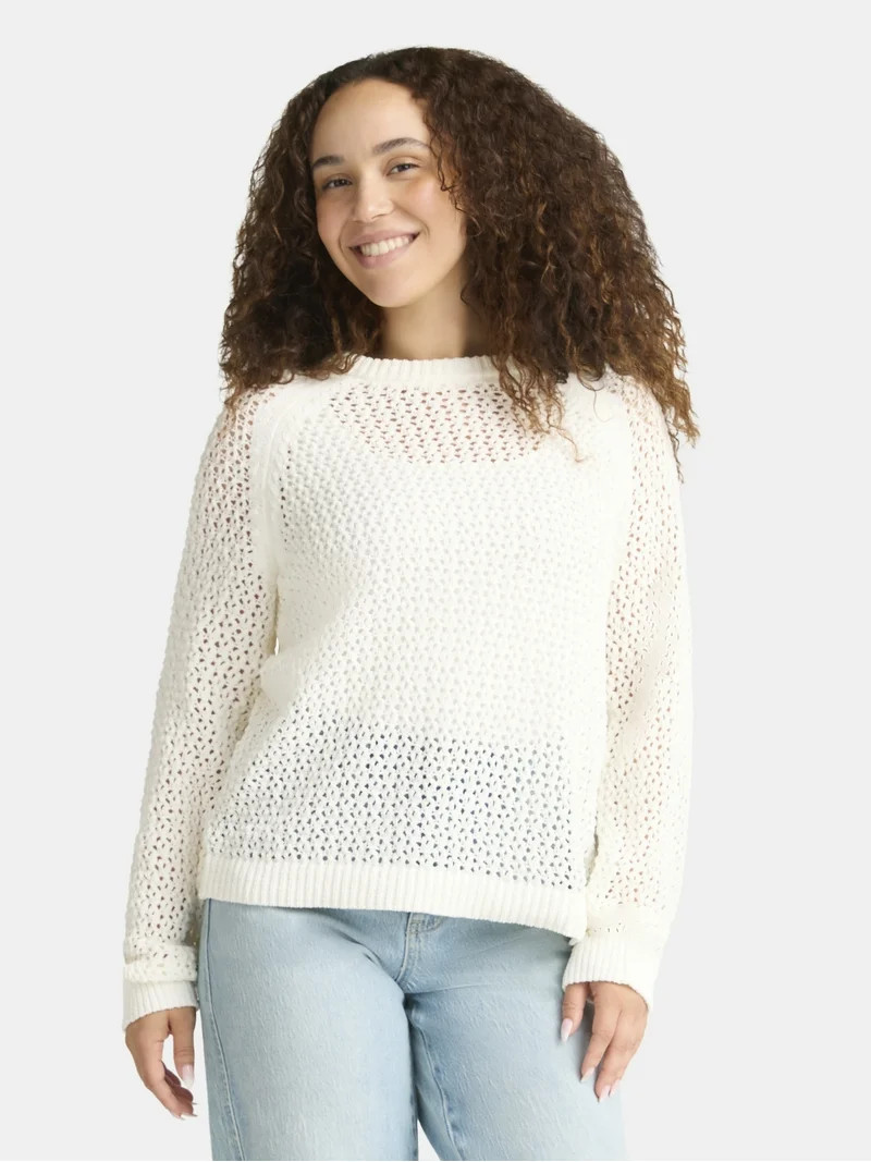 Time and Tru Women's Open Work Sweater with Long Sleeves, Sizes XS-XXXL | Walmart (US)