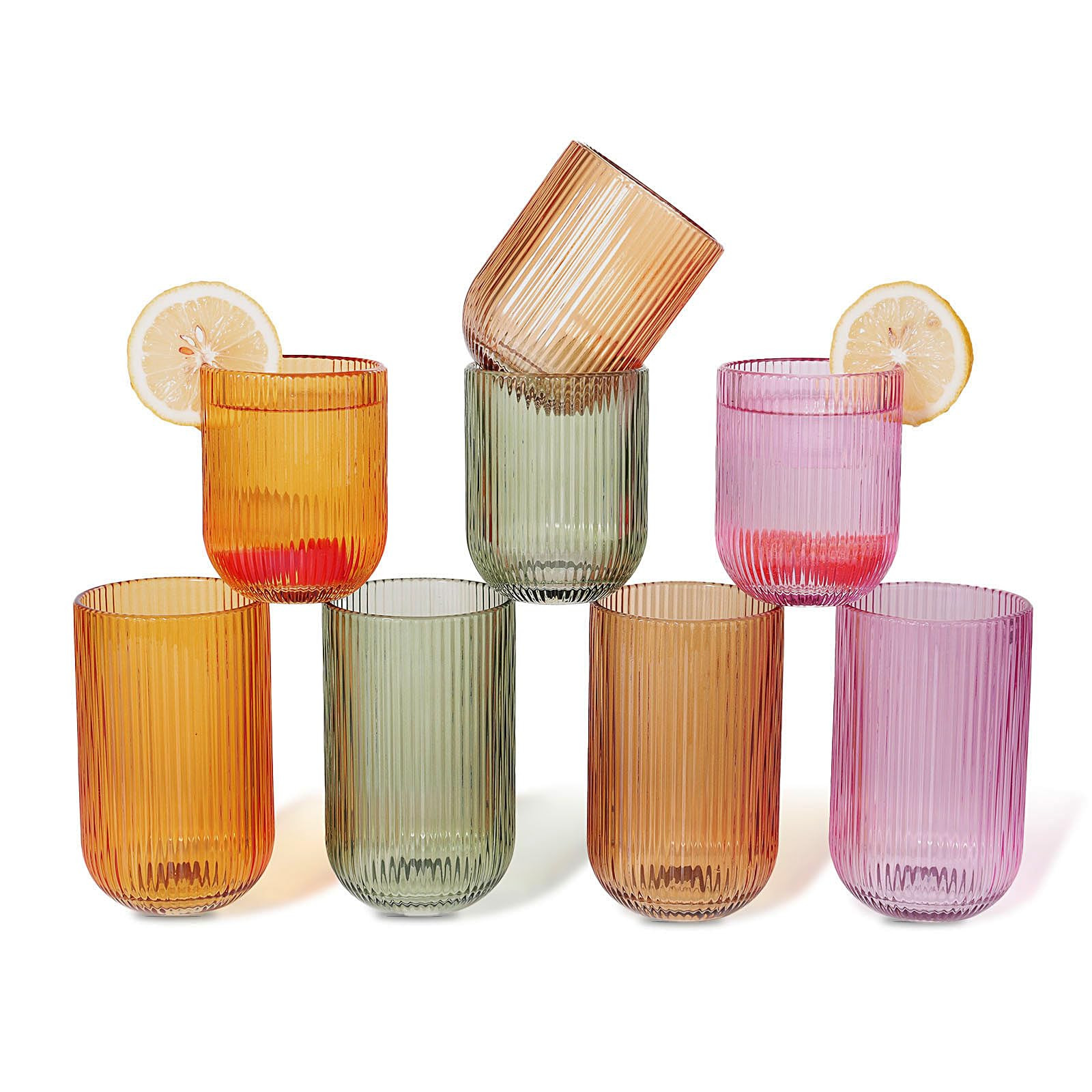 Set of 8 Dopamine-colored-match Ribbed Glassware,4 Highball Glasses 14oz & 4 Rocks Drinking Glass... | Amazon (US)