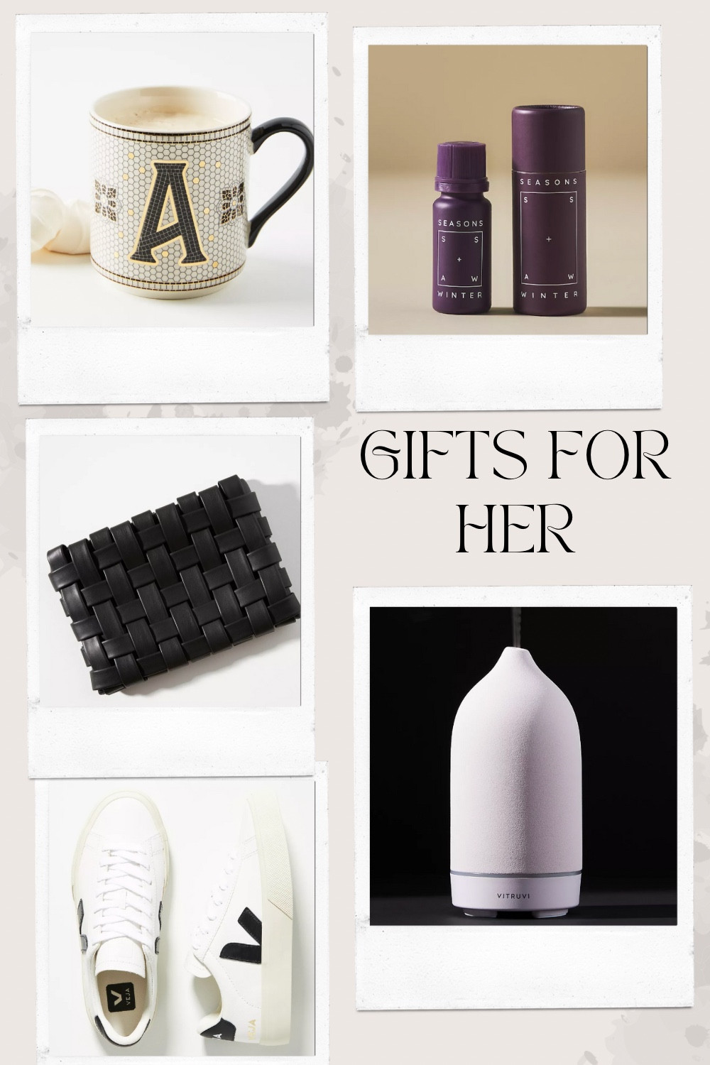 Gift ideas for her - monogram coffee mug, woven clutch, winter essential oil, Vitruvi stone essential oil diffuser, and who doesn’t love veja sneakers ☺️

#LTKGiftGuide #LTKHolidaySale #LTKHoliday