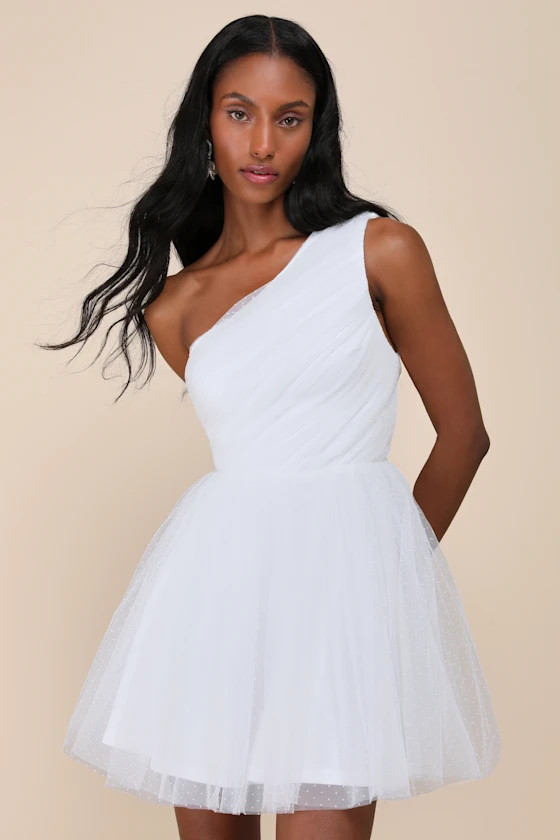 Exceptional Moments White Swiss Dot One-Shoulder Mini Dress | Lulus