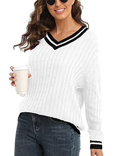 VIISHOW Women's Casual Long Sleeve V Neck Vintage Preppy Streetwear Sweater,Contrast White,X-Large | Amazon (US)