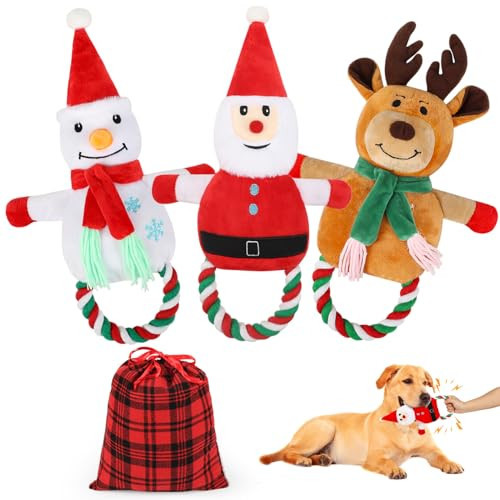 Vivifying Christmas Dog Toys, 3-Pack Plush Squeaky Toys for Small & Medium Dogs - Interactive Dog Chew Rope Toys for Holiday Fun & Mental Stimulation (Red&Brown&White) | Amazon (US)