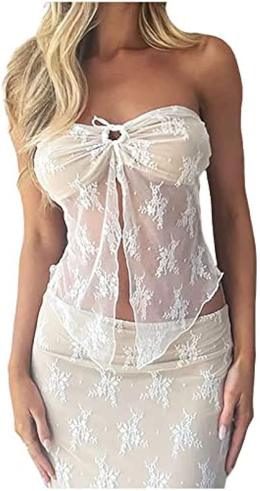 Y2k Strapless Tube Tops Women Sleeveless Sexy Sheer Mesh Lace Crop Top Fairy Grunge 2000s Fashion... | Amazon (US)