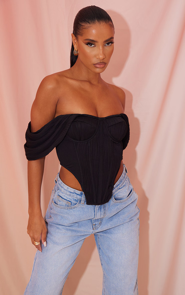 Black Pleated Contrast Bardot Corset | PrettyLittleThing US