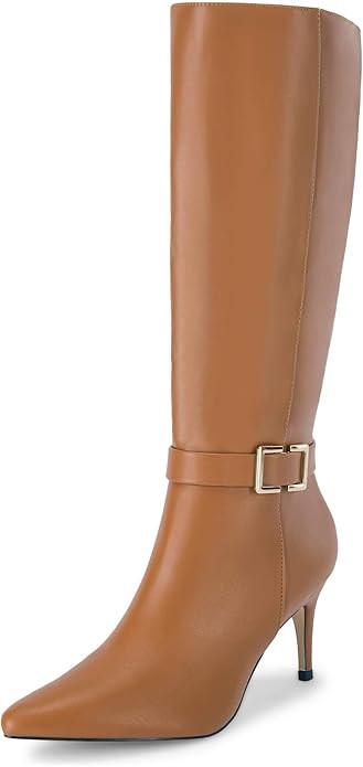 Coutgo Womens Knee High Boots Stiletto Heels Suede Pointed Toe Wide Calf Metal Buckle Side Zipper... | Amazon (US)