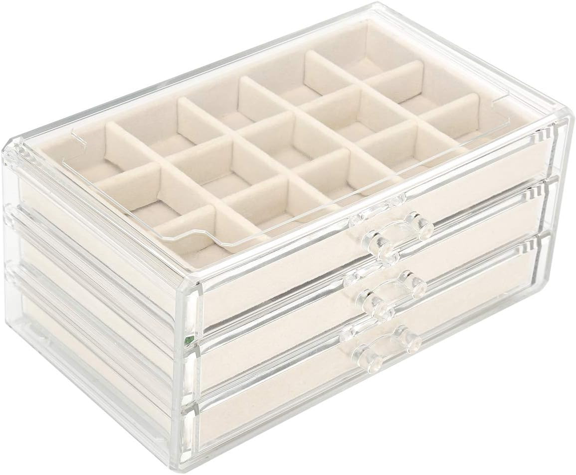 Acrylic Jewelry Organizer Makeup Cosmetic Storage Organizer box Clear Jewelry Case with 3 Drawers... | Amazon (US)