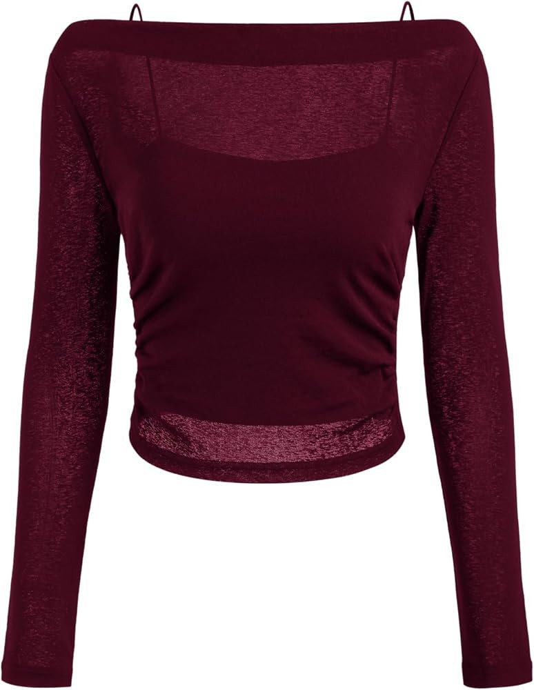 CIDER Oberteile Damen Langarmshirt Durchsichtiges Crop Top Slim Fit Boot Ausschnitt Cami Set Figu... | Amazon (US)