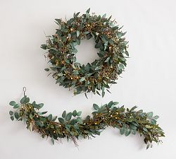 Faux Lit Eucalyptus and Green Berry Wreath &amp; Garland | Pottery Barn (US)