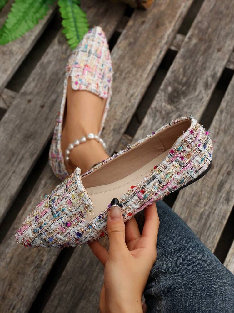 Women's Pointed Toe Casual Patterned Flat Loafers, Fall New Outdoor Daily Slip-On Canvas Soft Bot... | SHEIN