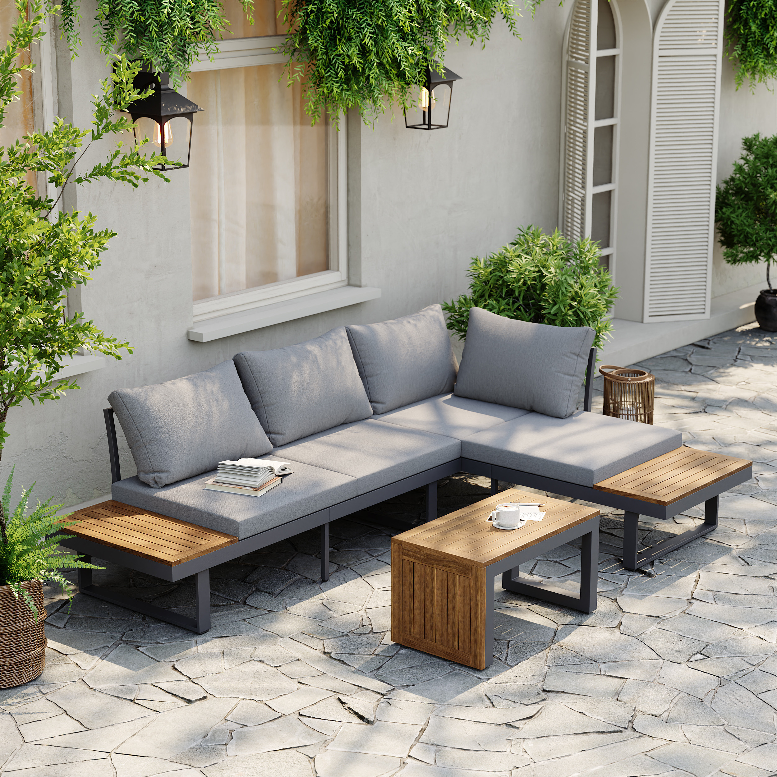 4 Seater Modular Outdoor Acacia Sectional Sofa Set with Cushion and Table, 3 PCS Versatile L-Shaped Garden Lounge Sofa Patio Furniture Set | Homary