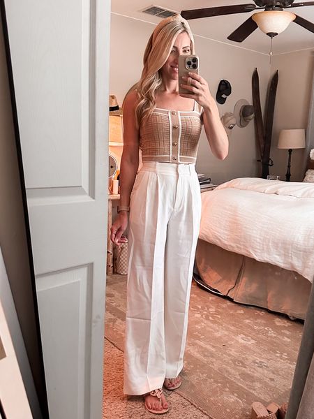 Loving this outfit from Amazon! Wearing XS in the pants, and small in the top! Chanel dupe, neutral outfit, crop top, designer dupe, white dress pants, white pants, beach pants, resort outfit, resort wear, resort vacation. Callie Glass 

#LTKFindsUnder50 #LTKTravel #LTKSeasonal