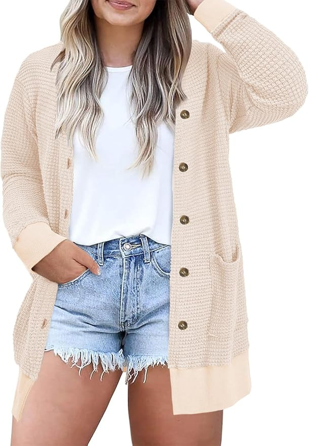 Eytino Womens Plus Size Cardigans Casual Long Sleeve Waffle Knit Front Button Tops(1X-5X) | Amazon (US)