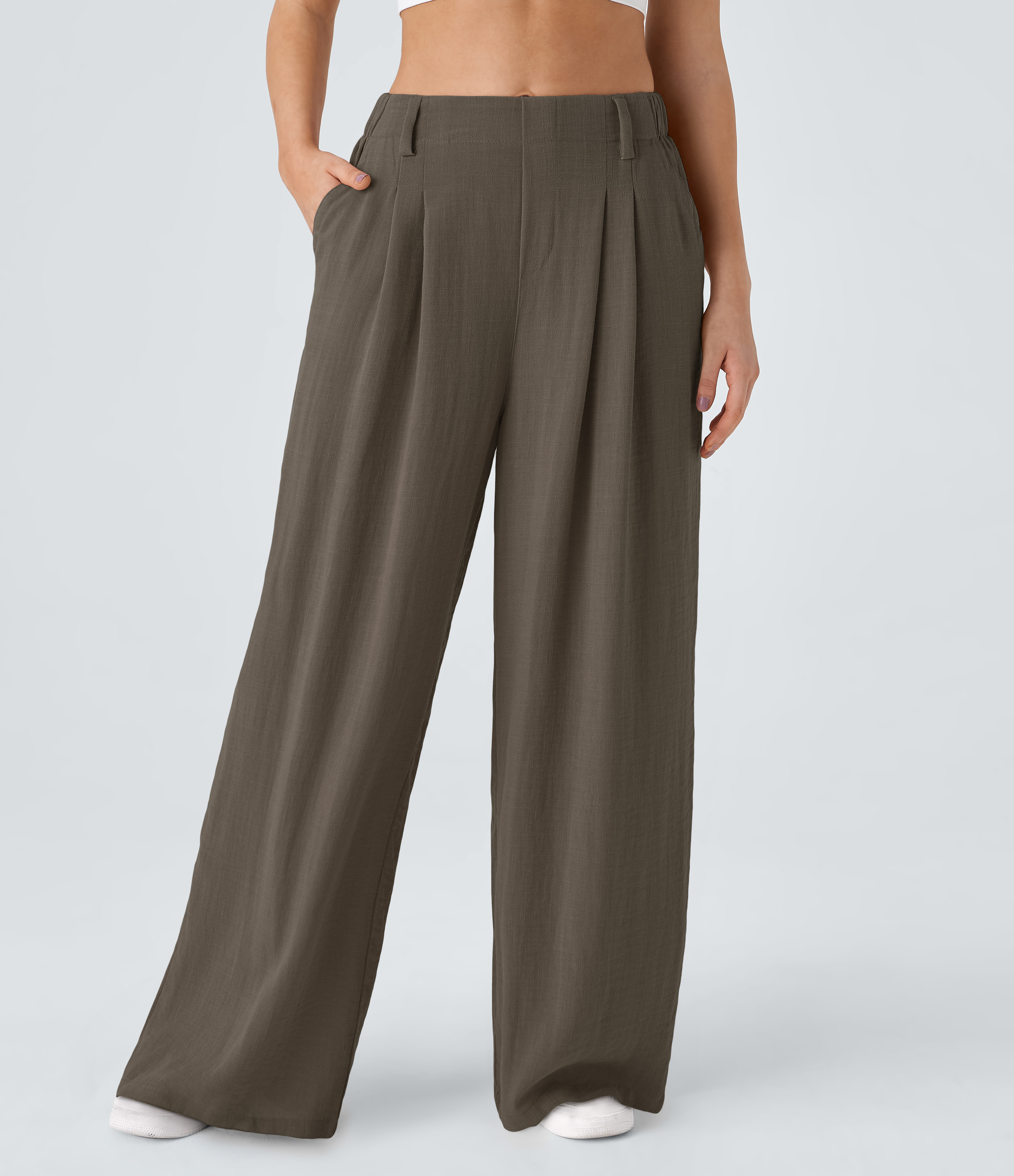 Halara High Waisted Side Pocket Wide Leg Flowy Solid Palazzo Casual Linen-Feel Pants - Dark Earthy Brown - M(regular) sweatpants | HALARA