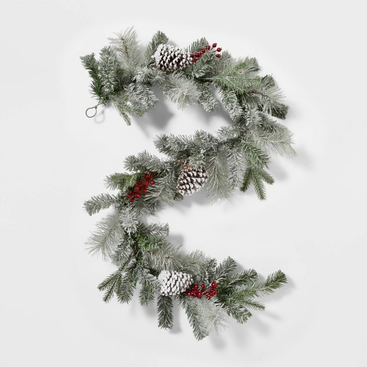6&#39; Unlit Flocked Artificial Mixed Pine Christmas Garland with Glittered Pinecones &#38; Red B... | Target