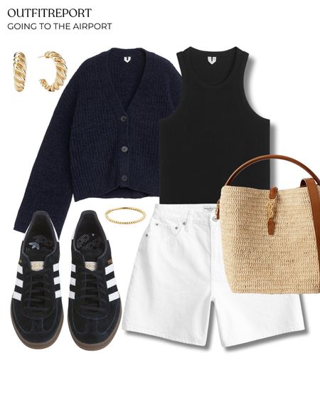 Summer spring outfit in white denim shorts adidas sneakers shoes trainers straw handbag gold jewellery earrings black tank top 

#LTKbag #LTKshoes #LTKstyletip