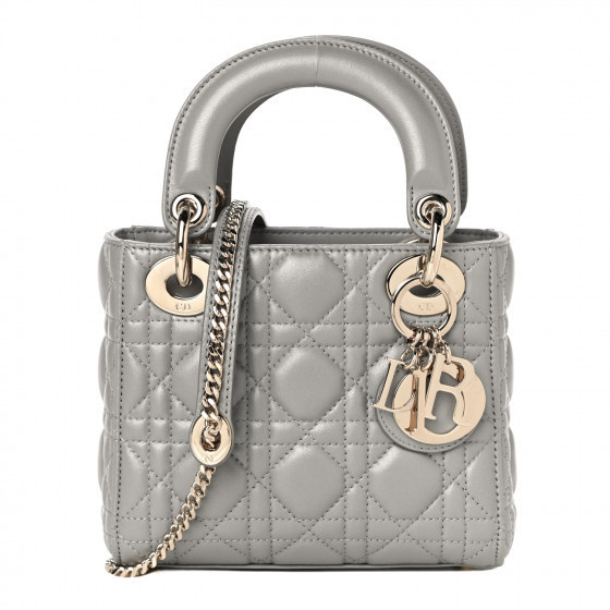 CHRISTIAN DIOR Metallic Lambskin Cannage Mini Lady Dior Grey | Fashionphile