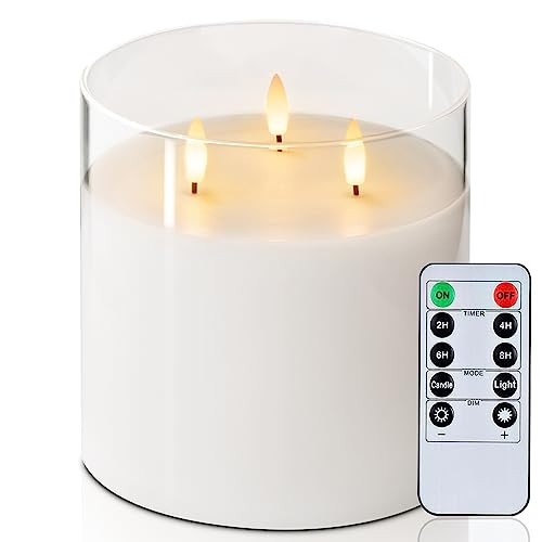Homemory 6X6'' Extra Large Flameless Candle with 3 Wicks, Glass LED Pillar Candle, Real Wax Battery Operated Candle with Remote Control and Timer, Pure White | Amazon (US)