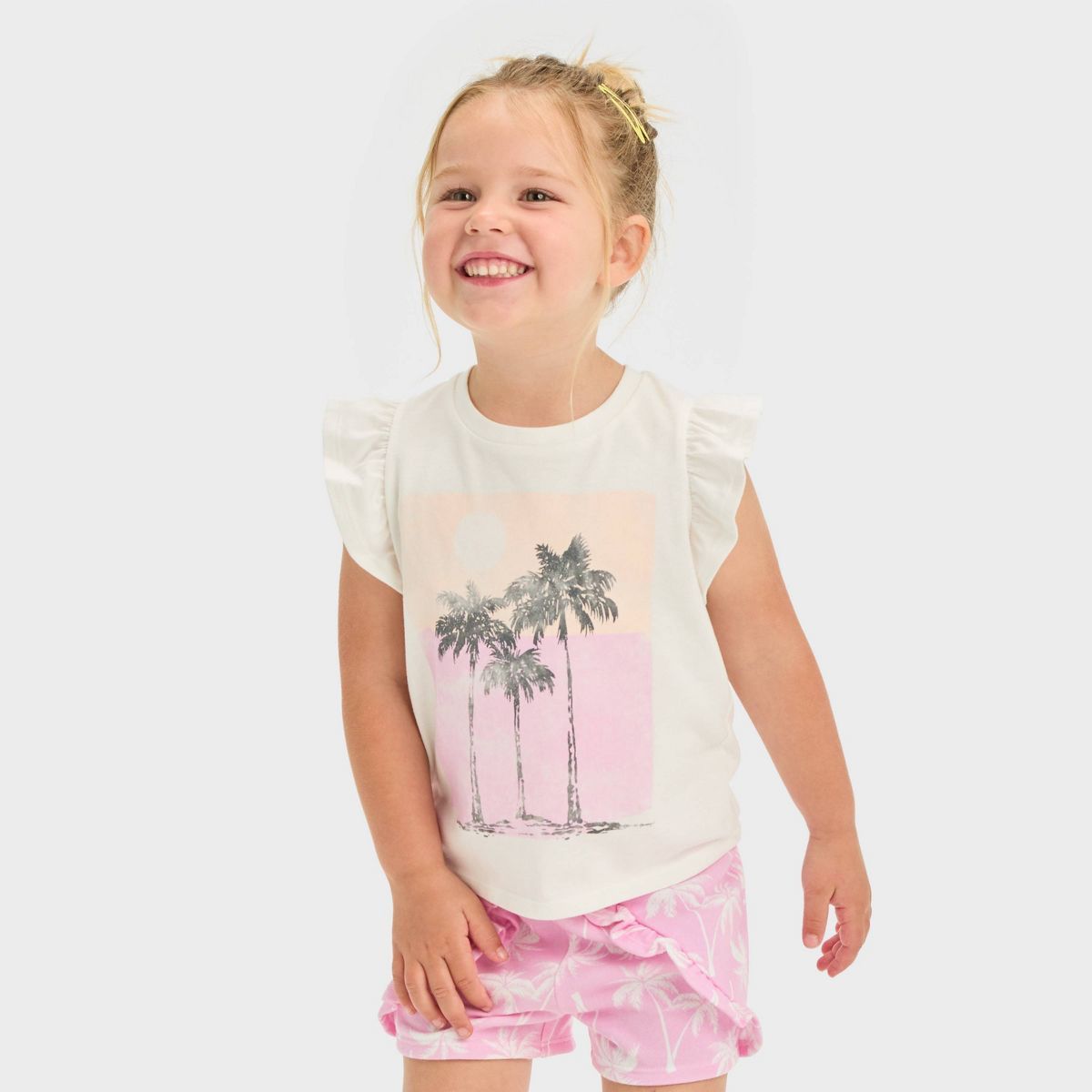 Grayson Mini Toddler Girls' Flutter Sleeve Palm Tree Printed & French Terry Shorts Set - White | Target