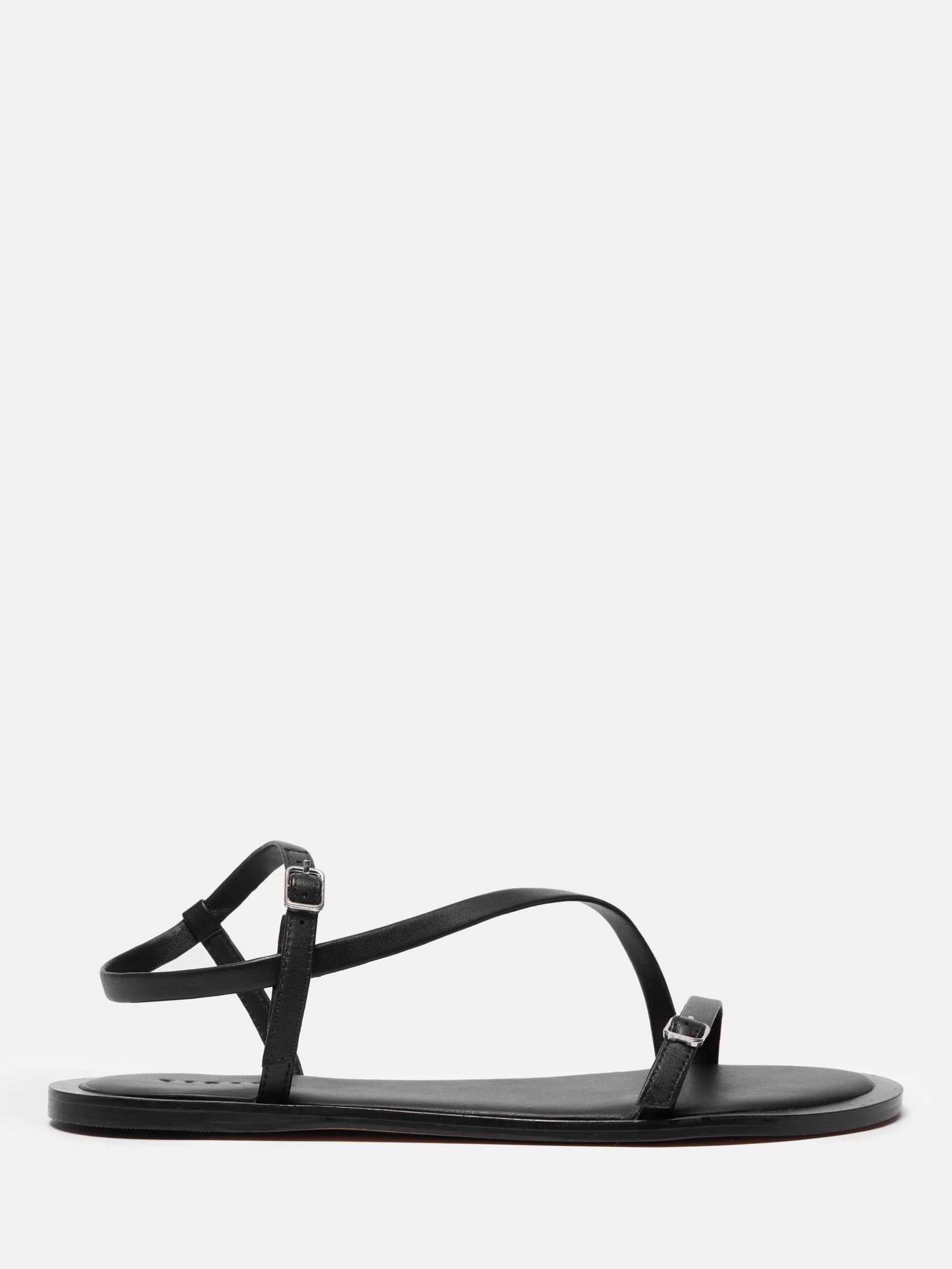 Jigsaw Asymmetric Strap Flat Leather Sandals, Black | John Lewis (UK)