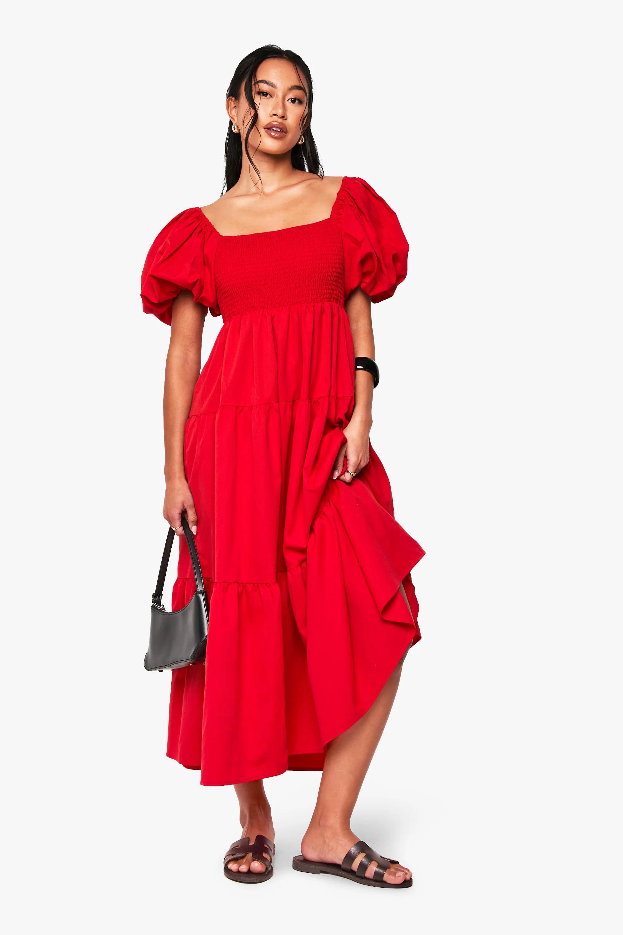 Red Tiered Shirred Midaxi Smock Dress | Boohoo | Boohoo.com (UK & IE)