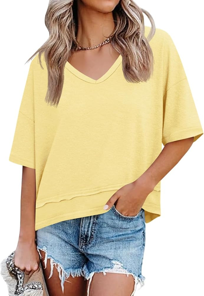 Cicy Bell Womens Summer V Neck T Shirts Casual Short Sleeve Flowy Tops Cute Loose Fit Basic Tees | Amazon (US)