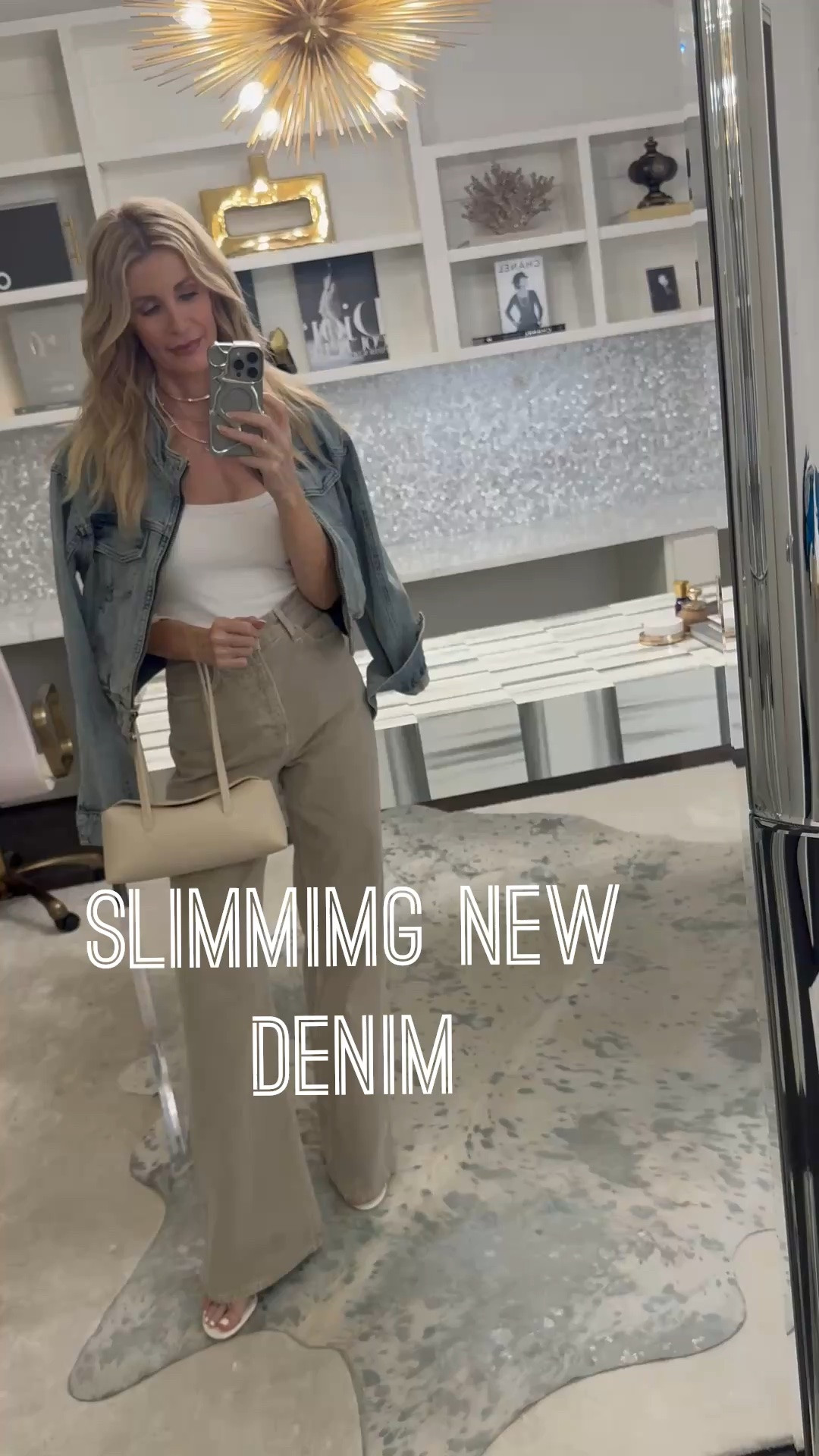These Reformation wide-leg jeans are such a chic denim find! I love the high-waisted fit, flattering wide-leg silhouette, and versatile beige shade that goes with everything. I styled them with a simple white halter top and denim bomber jacket for an easy lunch outfit with girlfriends. I’m wearing an XS in the jacket and size 24 in the jeans. #ReformationJeans #WideLegJeans #LunchOutfit #LTKOver40 

 #LTKgrwm #LTKootd #LTKSeasonal
