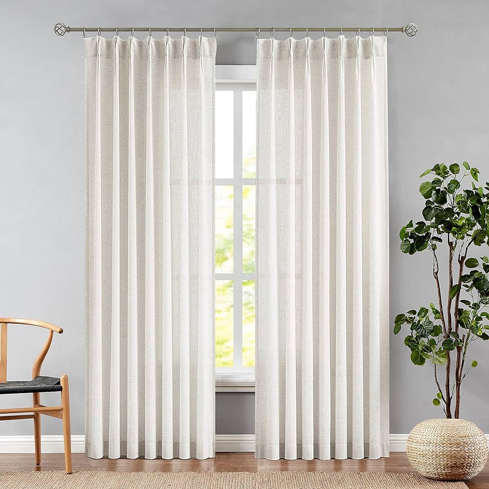 Central Park Pinch Pleat Slub Yarn Sheer Curtains 108 Inches Extra Long Crude Linen Blend Window ... | Amazon (US)