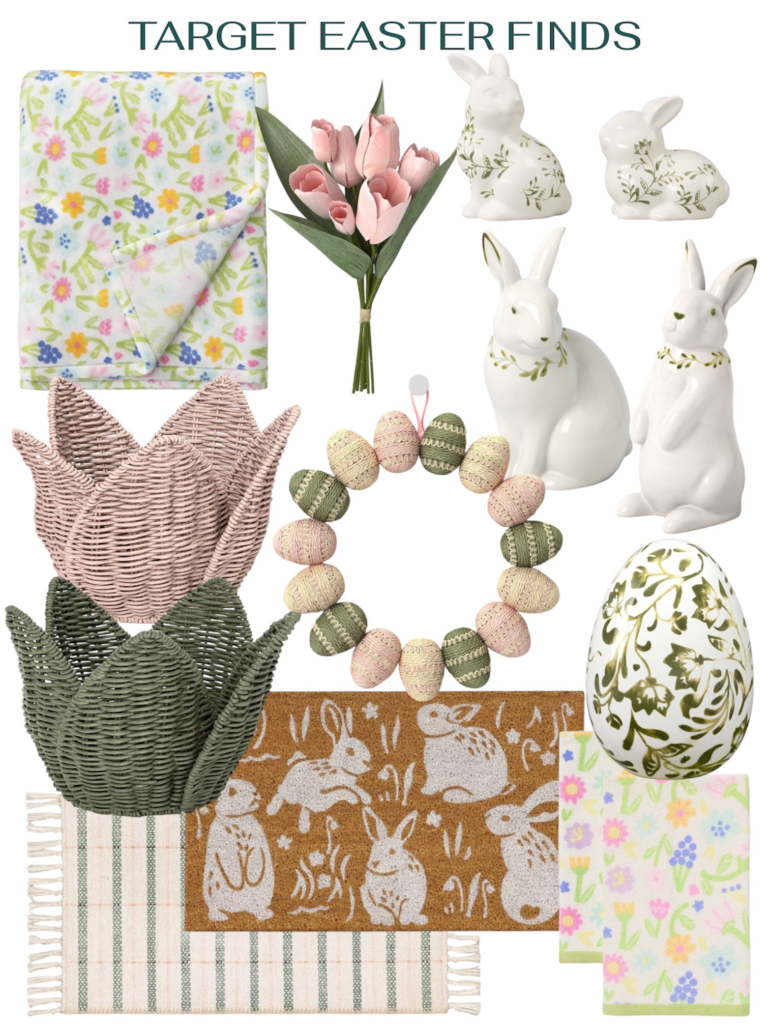 Target Easter finds: bunny decorations, Easter floral arrangements, floral printed throw blanket and towels, Easter baskets and door mats. 



Easter decor, Easter bunny, Easter wreath 

#LTKSeasonal #LTKSpringSale #LTKHome