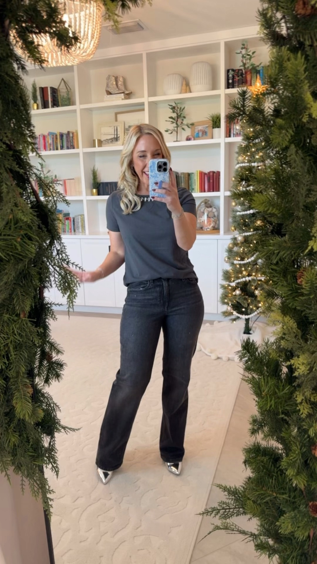 • Jewel embellished crewneck tee - size XS. 30% off.
• Black high-rise sparkle, relaxed, straight jean - size 4. 30% off.

#LTKWatchNow #LTKSeasonal #LTKHoliday