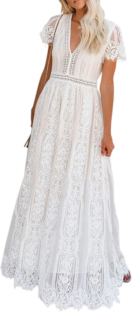 BLENCOT Womens Casual Boho Floral Lace V Neck Long Evening Dress Cocktail Party Maxi Wedding Dresses | Amazon (US)